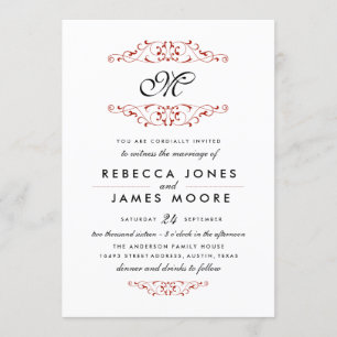 Convite de Casamento com Monograma Florido em Verm