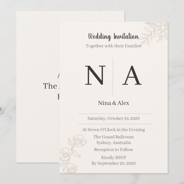 Convite de Casamento com Monograma Minimalista (Frente/Verso)