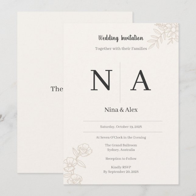 Convite de Casamento com Monograma Minimalista (Frente/Verso)