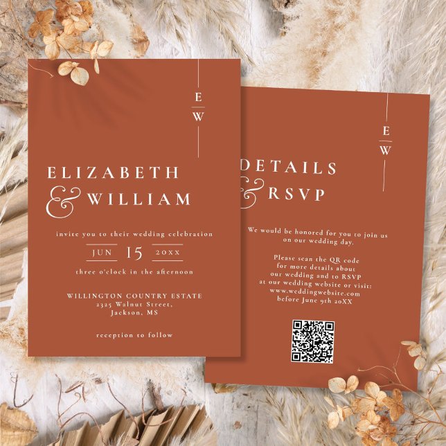 Convite de Casamento com Monograma Moderno em Terr (Terracotta Modern Monogram Wedding QR Code Invitation)