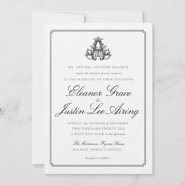 Convite de Casamento com Monograma Preto "A" (Frente)