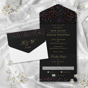Convite de Casamento com Monograma Preto e Dourado