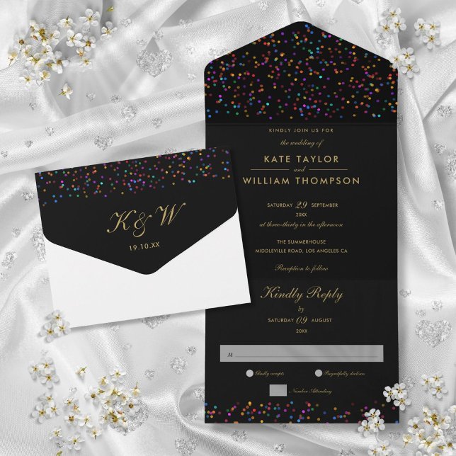 Convite de Casamento com Monograma Preto e Dourado (Rainbow Confetti Black And Gold Monogram Wedding All In One Invitation)