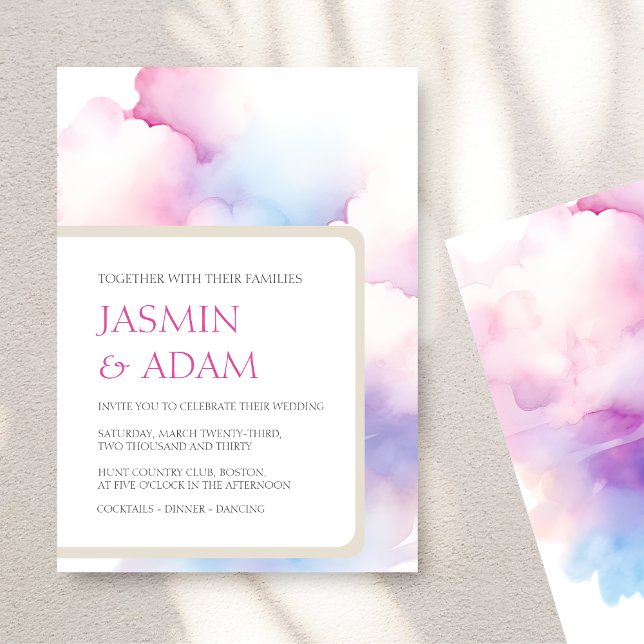 Convite de Casamento com Nuvens Aquareladas Rosa e (Elegant Pink Blue White Clouds Monogram Wedding Holiday Card)