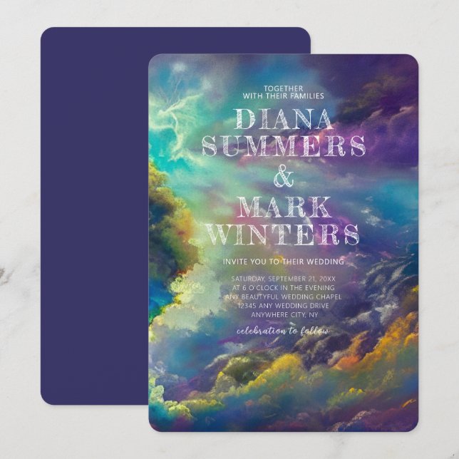 Convite de casamento com nuvens roxas fabulosas (Frente/Verso)