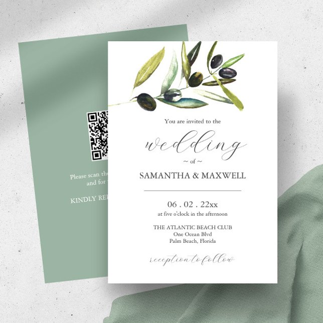 Convite de Casamento com Oliva Botânica de Código  (Wedding invitations watercolor olive branch and QR code art by Victoria Grigaliunas Do Tell A Belle)