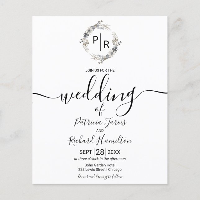 Convite de Casamento com Orçamento Floral Monogram (Frente)
