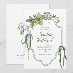 Convite de Casamento com Orquídeas Verde Salvia Pi