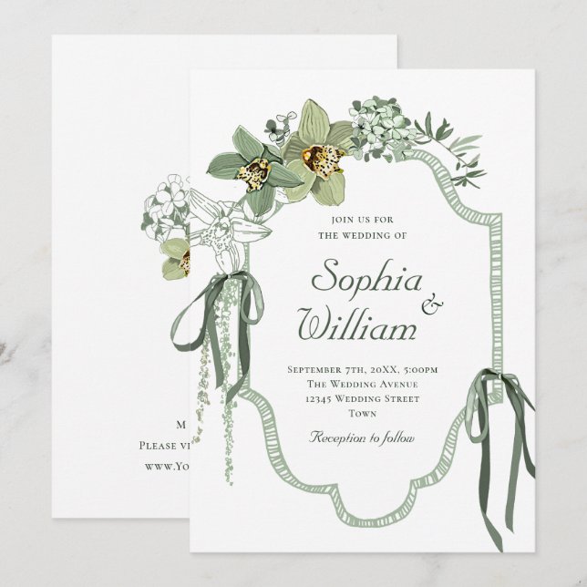 Convite de Casamento com Orquídeas Verde Salvia Pi (Frente/Verso)