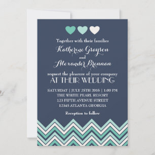 Convite de Casamento com Padrão Chevron Azul Marin