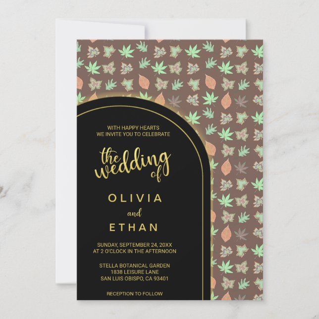 Convite de casamento com padrão de outono preto e  (Frente)