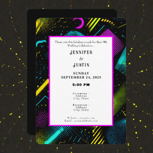Convite de Casamento com Padrão Neon Retro dos Ano