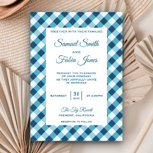 Convite de Casamento com Padrão Xadrez Azul Elegan