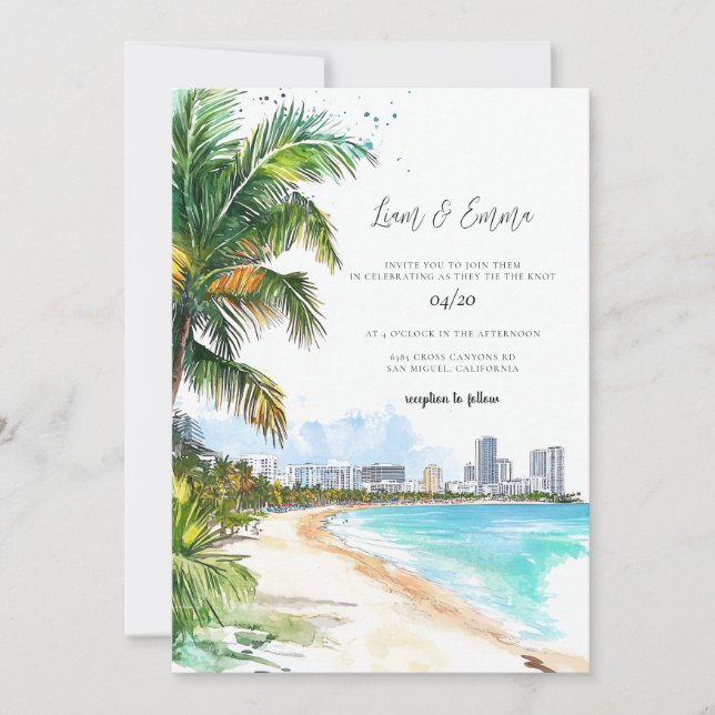 Convite de Casamento com Palmeira de Miami Beach (Frente)