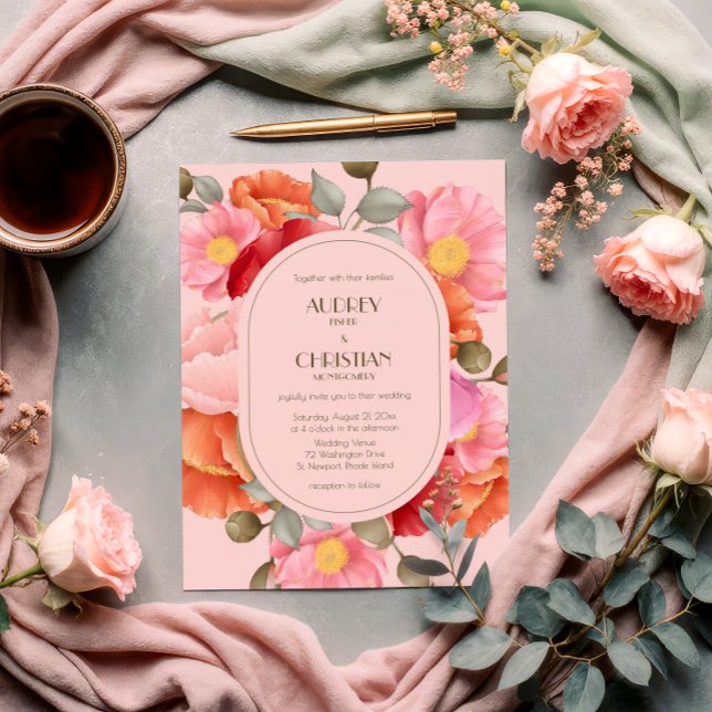 Convite de Casamento com Papoula em Aquarela Rosa (Criador carregado)