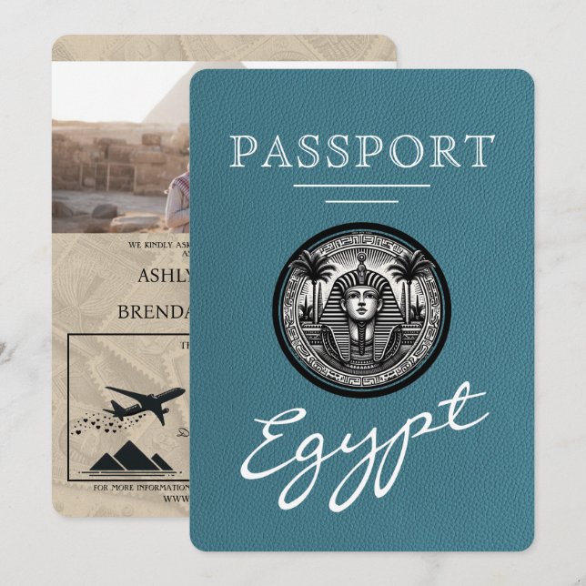 Convite de casamento com passaporte egípcio azul-t (Frente/Verso)