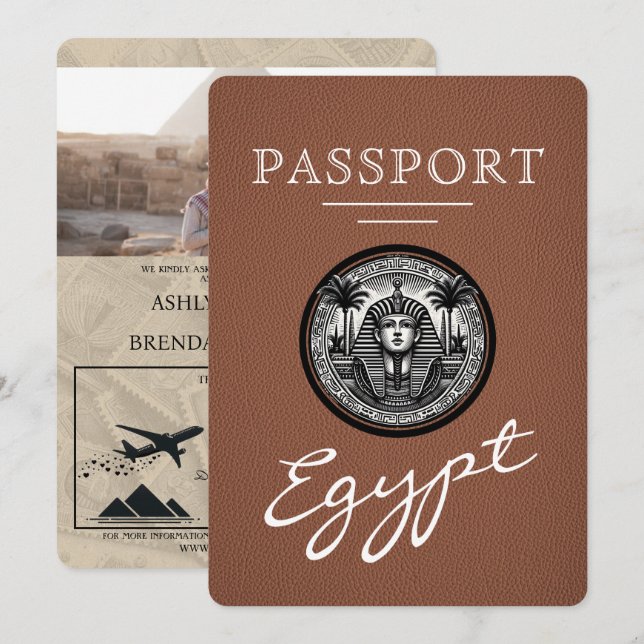 Convite de casamento com passaporte egípcio marrom (Frente/Verso)