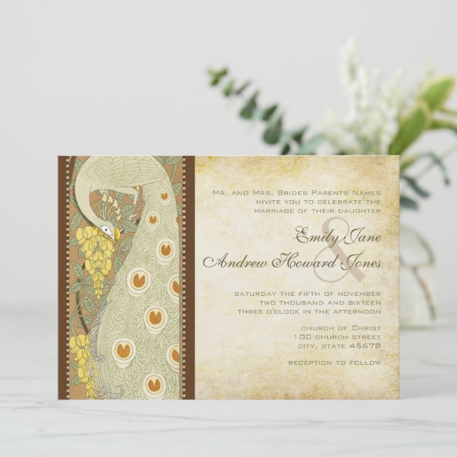 Convite de Casamento com Pássaros Pavão Art Nouvea (Em pé/Frente)