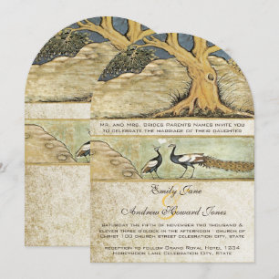 Convite de Casamento com Pavões da Floresta Rústic
