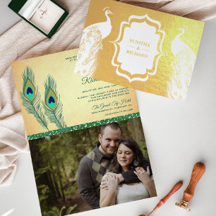 Convite de Casamento com Pena de Pavão Verde e Fol