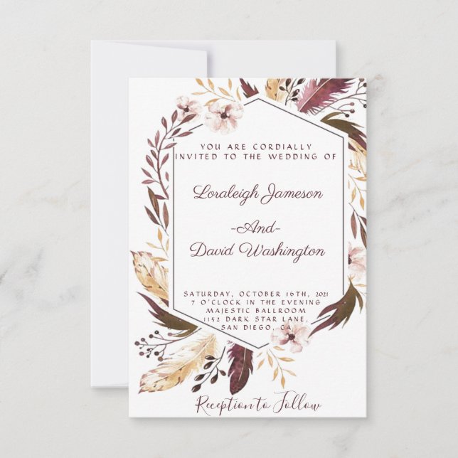 Convite de casamento com penas boho (Frente)
