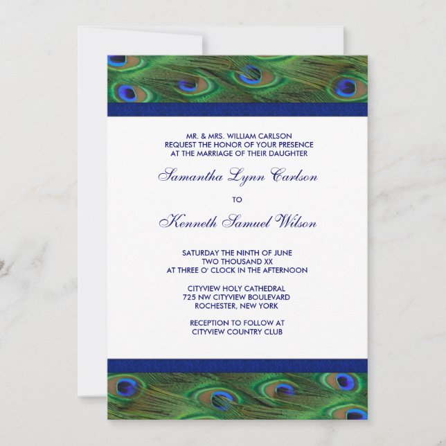 Convite de Casamento com Penas de Pavão Verde Esme (Frente)