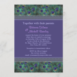 Convite de Casamento com Penas de Pavão Verde Roxo