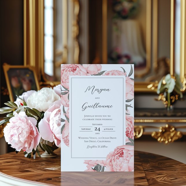 Convite de Casamento com Peônia em Aquarela Rosa C (Criador carregado)
