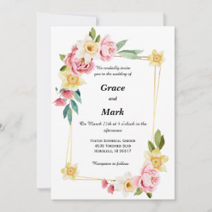 Convite de casamento com peônia rosa e narciso ama