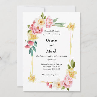Convite de casamento com peônia rosa e narciso ama