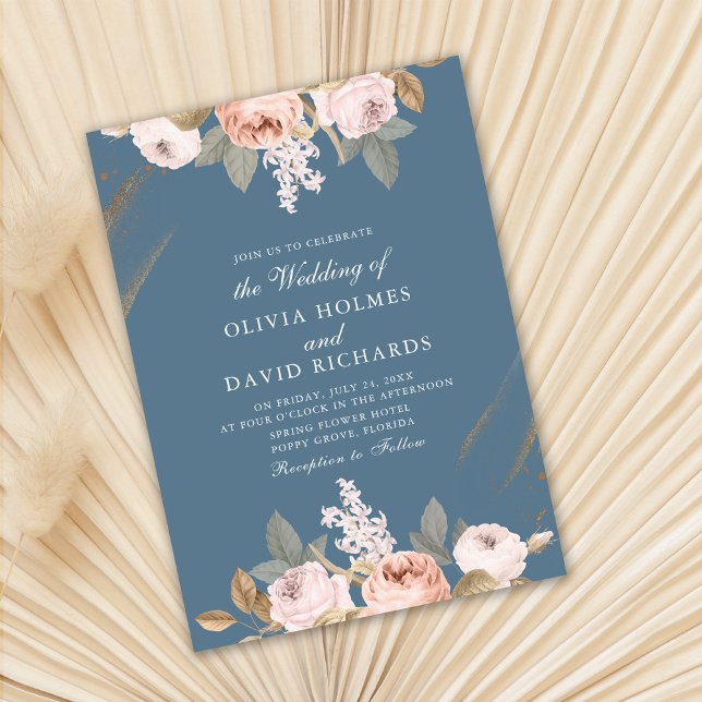 Convite de Casamento com Peônias Azuis Românticas (Romantic Blue Peonies Wedding Invitation on dry fan palm leaf.)
