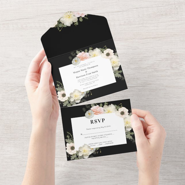 Convite de Casamento com Peonias e Anêmonas em Flo (Aba destacável)