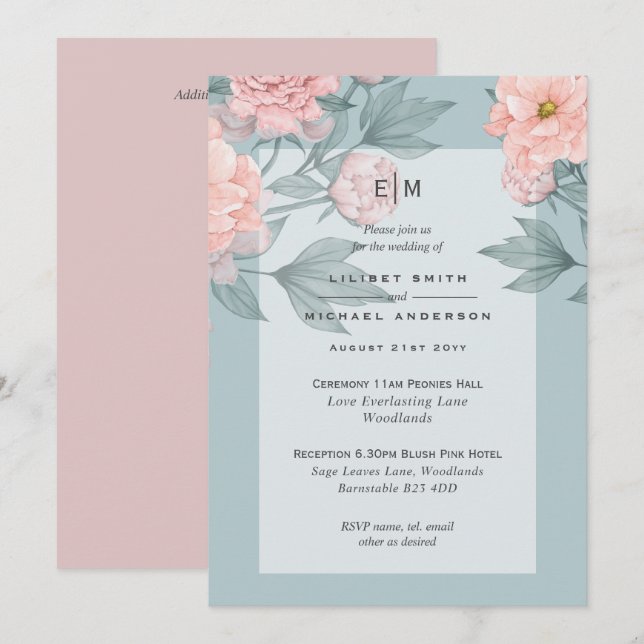 Convite de Casamento com Peônias Rosa Bege para Re (Frente/Verso)
