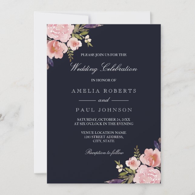 Convite de Casamento com Peônias Rosa em Aquarela  (Frente)