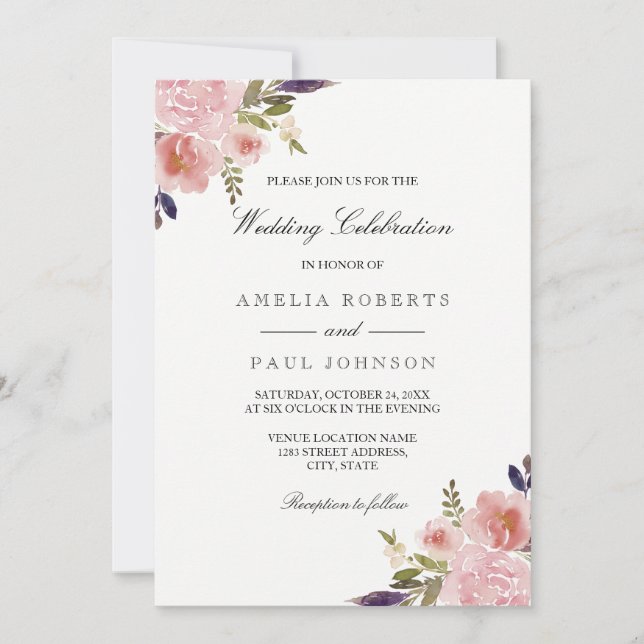 Convite de Casamento com Peônias Rosa Roxo em Aqua (Frente)