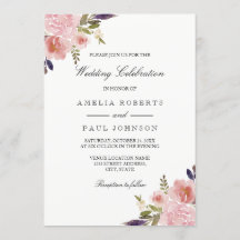 Convite de Casamento com Peônias Rosa Roxo em Aqua
