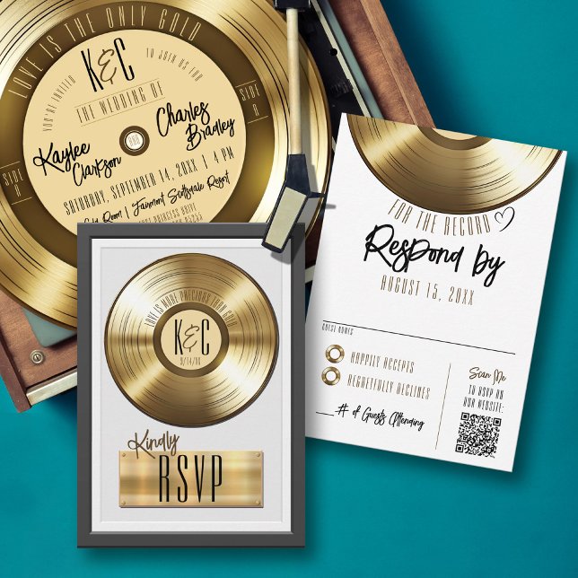 Convite de Casamento com Placa de Vinil de Ouro Só (Solid gold record plaque award style music theme wedding invitation RSVP card, monogram, qr code)