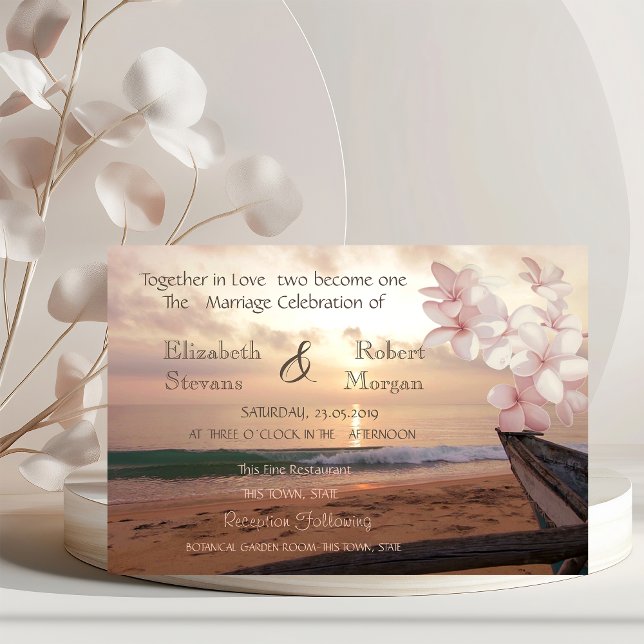 Convite de Casamento com Pôr do Sol na Praia e Plu (Criador carregado)