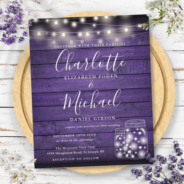 Convite de Casamento com Potes de Pedreiro de Made (Budget Purple Wood Mason Jars Wedding Invitation)