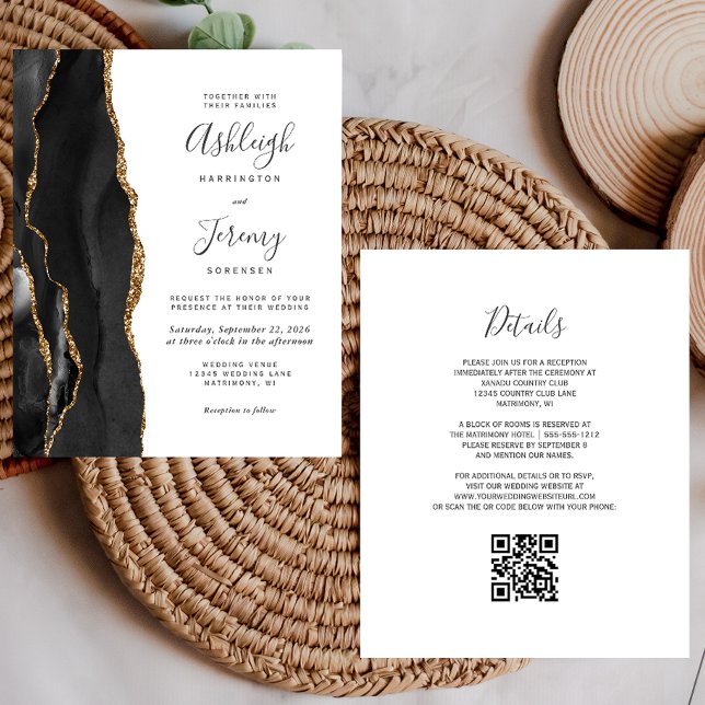 Convite de Casamento com QR Code Black Gold Econôm (Criador carregado)