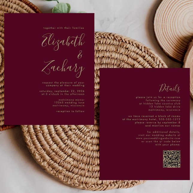 Convite de Casamento com QR Code Budget Burgundy G (Criador carregado)