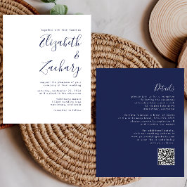 Convite de Casamento com QR Code em Script Azul Ma