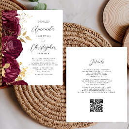 Convite de Casamento com QR Code Floral Dourado Or