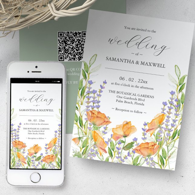 Convite de Casamento com QR Code Floral Único (Orange floral fairytale wedding invitations with QR code. Unique watercolor art Victoria Grigaliunas)