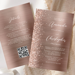 Convite de Casamento com QR Code Glam Rosa Dourado
