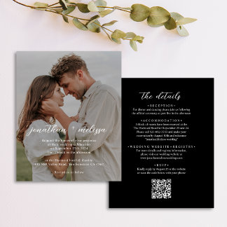 Convite de Casamento com QR Code Preto Elegante e