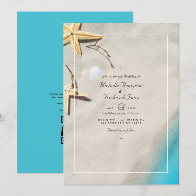 Convite de Casamento com QR Code RSVP de Praia de  (Frente/Verso)