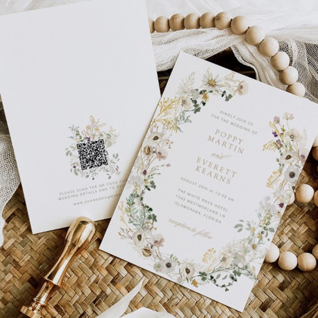 Convite de Casamento com QR Code RSVP Floral de Fl (Criador carregado)