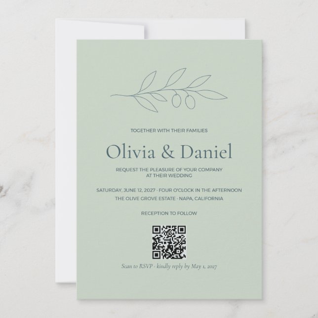 Convite de Casamento com QR Code Sage Olive Branch (Frente)