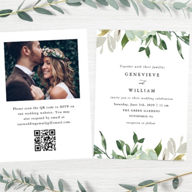 Convite de Casamento com QR Foto Aquarela Verde (Criador carregado)